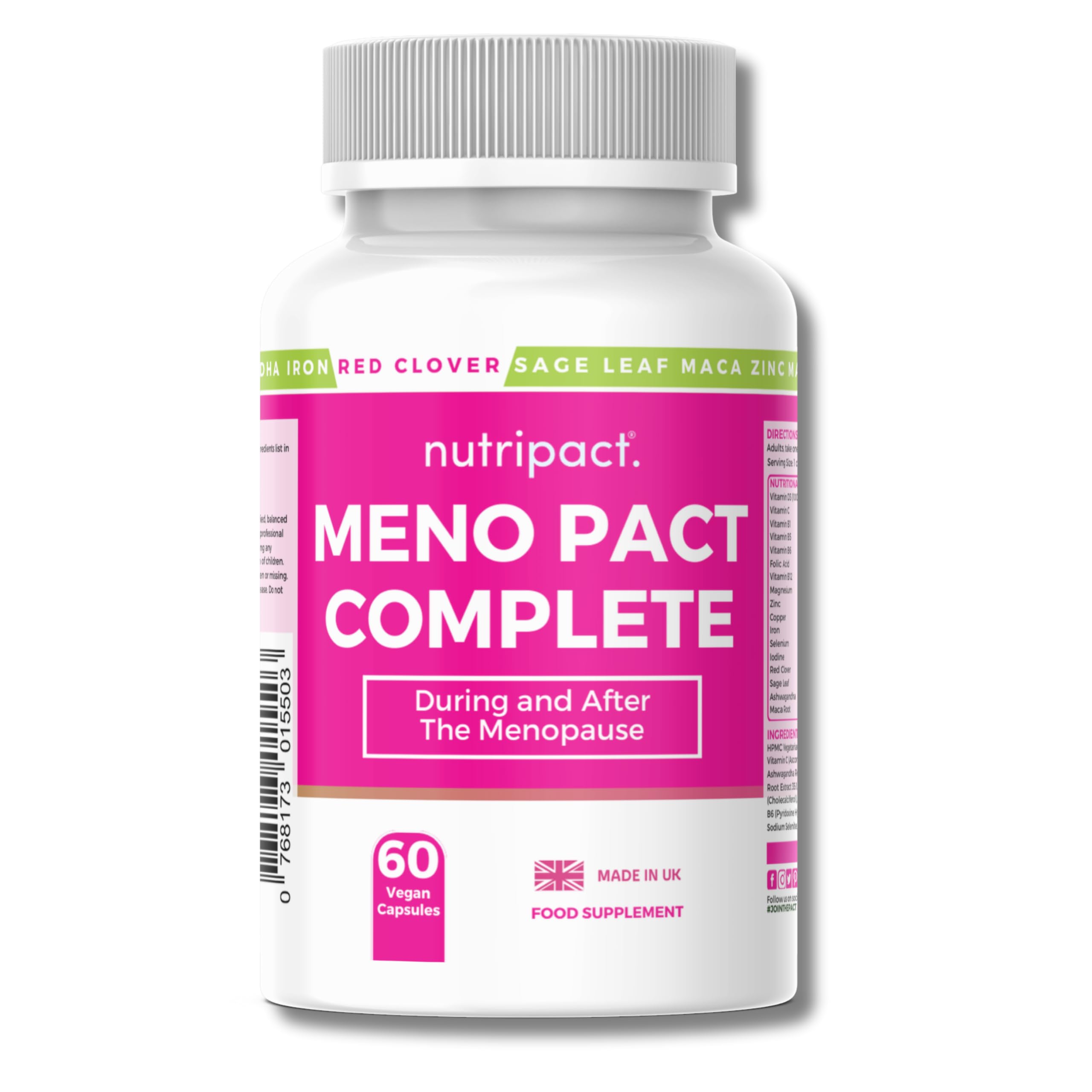 – Menopause & Perimenopause Support Supplement – One-a-Day 17-in-1 Complex with Red Clover, Sage, Maca, Magnesium & Ashwagandha Plus – 60 Vegan Capsules – Meno Pact Complete by Nutripact