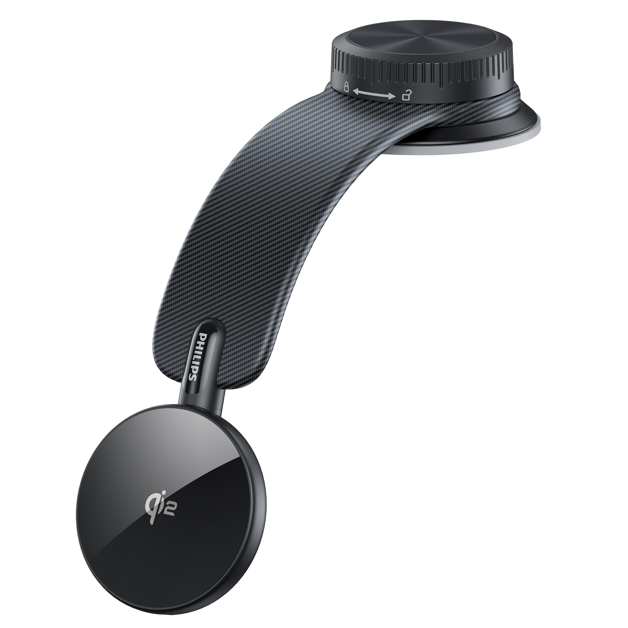 Philips (フィリップス) Qi2対応 車載スマホホルダー 360°回転可能 自由に曲がる 15W急速充電 マグネット DLK2305Q | magsafe 超強力吸着 ワイヤレス充電 吸盤ロックダイヤル付き 真空吸盤 ダッシュボード 片手操作 マグセーフ カー用品 全機種対応 車載ホルダー スマホスタンド