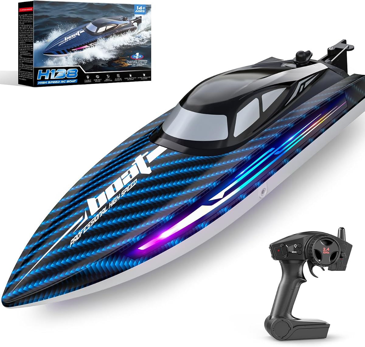 30KMH RC Remote Control Boat with 7 LED Light Modes Waterproof Electric | Fast Speed Boat for Adults Kids 8-12 Lake Pool Water Play,Self-righting,Demo,Water Cooling,20Mins,Low Battery Alert,2.4Ghz