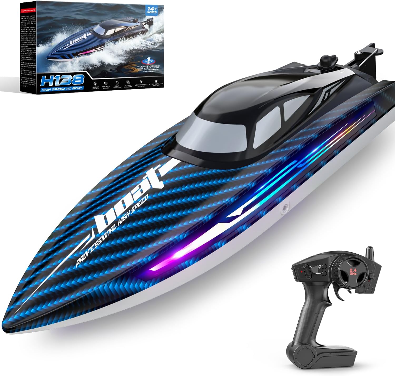 30KMH RC Remote Control Boat with 7 LED Light Modes Waterproof Electric | Fast Speed Boat for Adults Kids 8-12 Lake Pool Water Play,Self-righting,Demo,Water Cooling,20Mins,Low Battery Alert,2.4Ghz