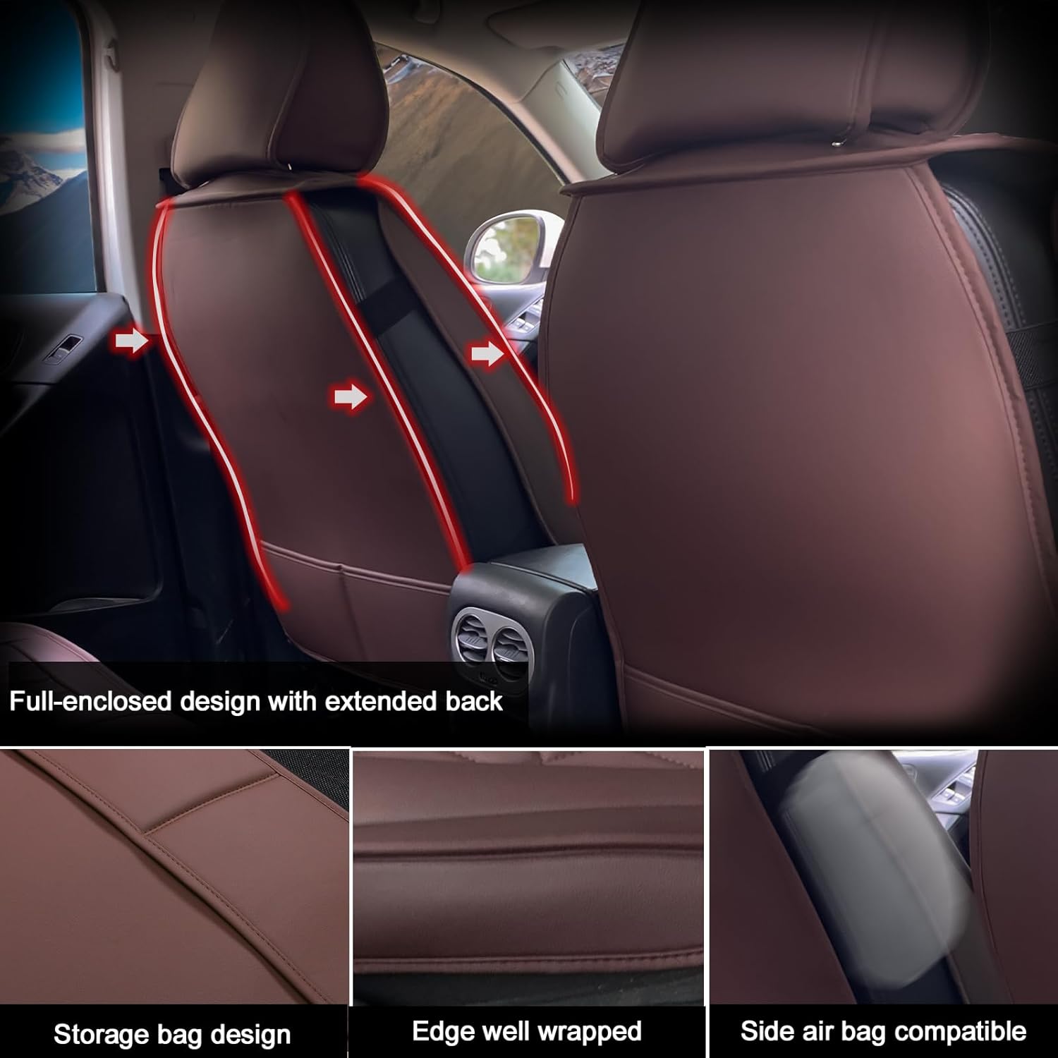 IKON MOTORSPORTS PU Leather Car Seat Covers, Waterproof Auto Seat Cushion Protector Cover, Universal fit Driver Seat Cover for Most Cars SUV Trucks (Front Rear Full Set, Brown & White
