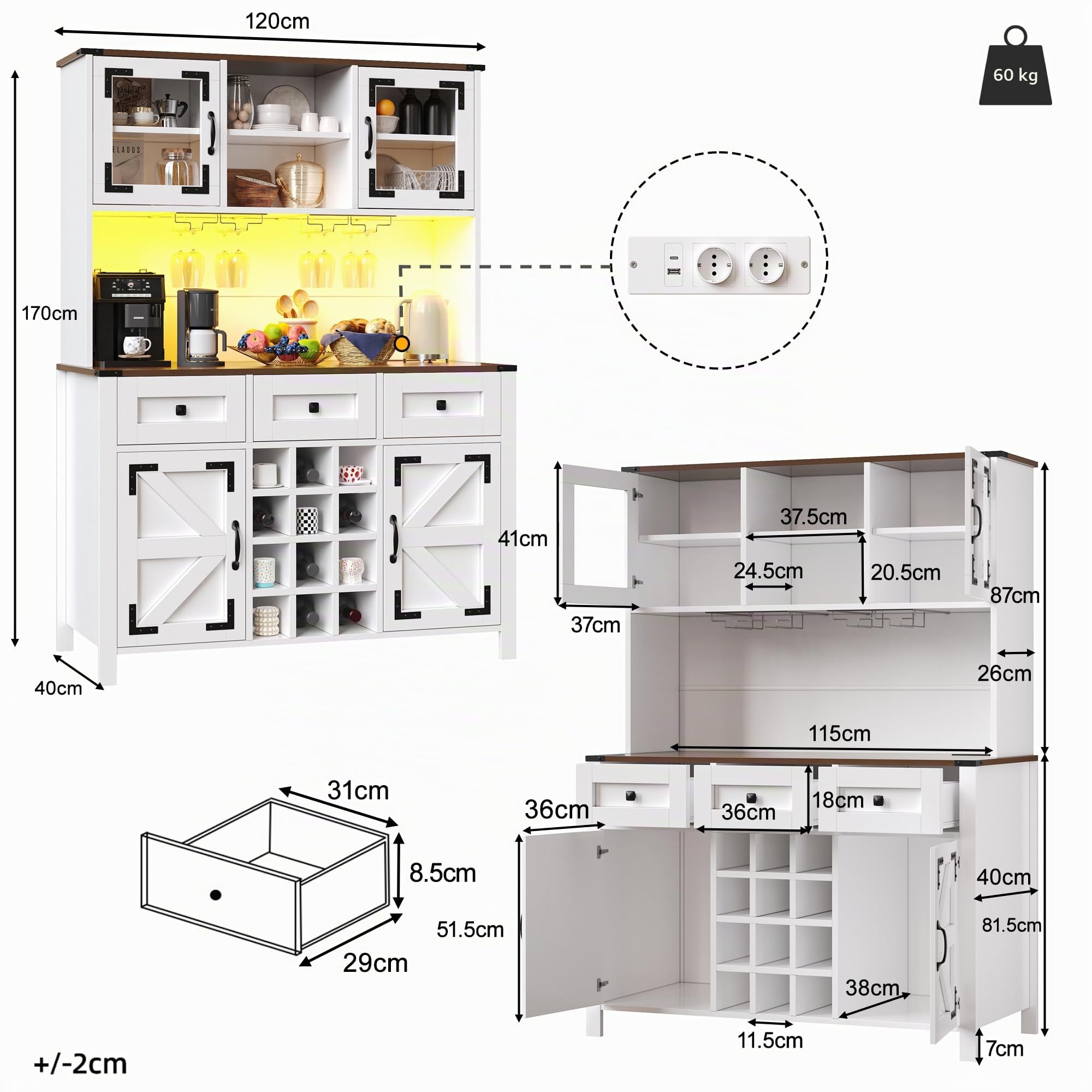 Küchenschrank mit LED-Lichtleiste und USB-Anschlüssen, Hochschrank mit Schublade und Aufbewahrungsschrank, Buffetschrank mit Weinregal, Weiß-B, 120x40x170 cm