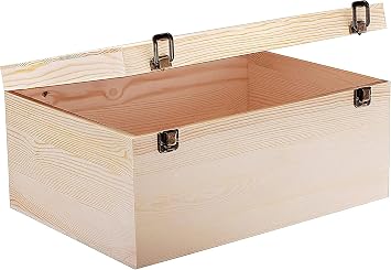 Large Wooden Box - 14" x 10" x 6.5" - Unfinished Pine Wood Box for Crafts, Storage, Keepsakes & Memory - Hinged Lid