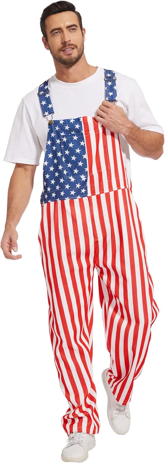 American Flag Overalls for Men Striped Patriotic Onesie 4th of July Bib Independence Day Romper USA Oversized Jumpsuit