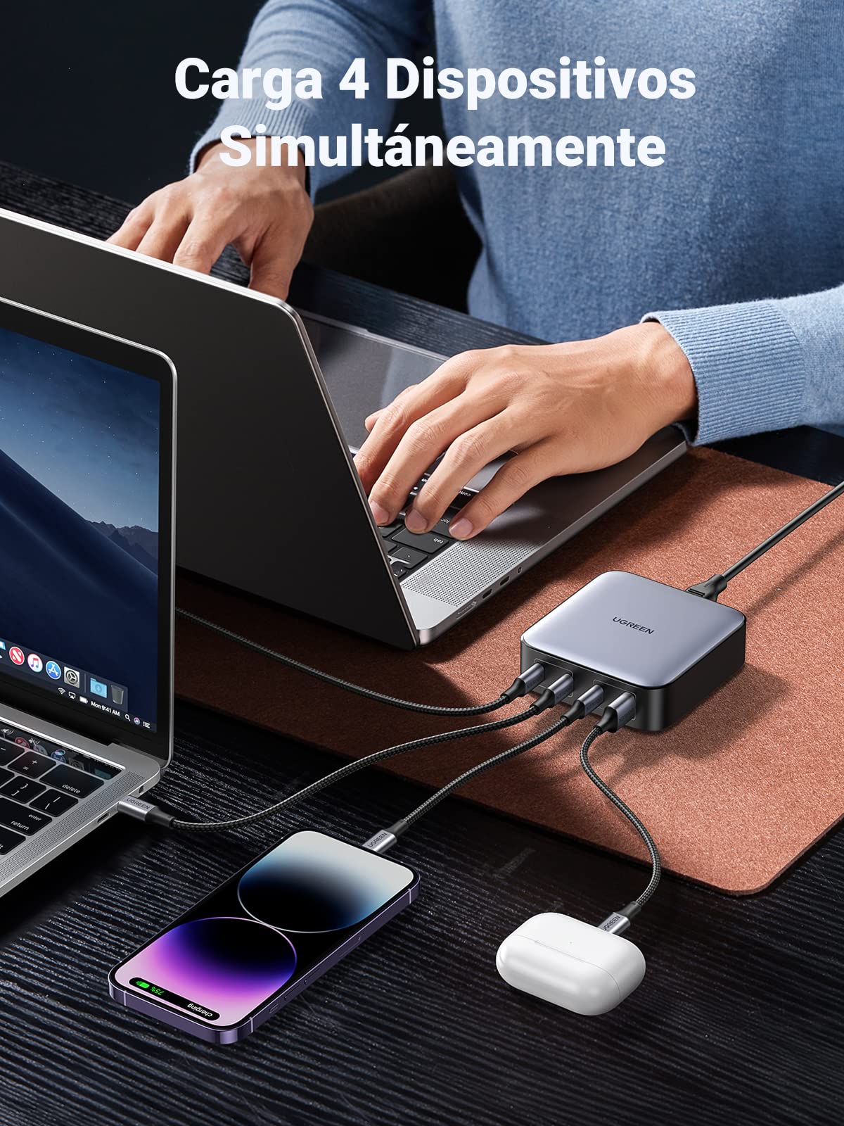 UGREEN Nexode 100 W Cargador USB C Rápido Escritorio 4 Puertos con GAN II Tech Compatible con iPhone 16 Plus Pro MAX 15 14 13 12 MacBook Pro Air iPad Galaxy S24 Ultra Plus 2 M Cable de alimentación