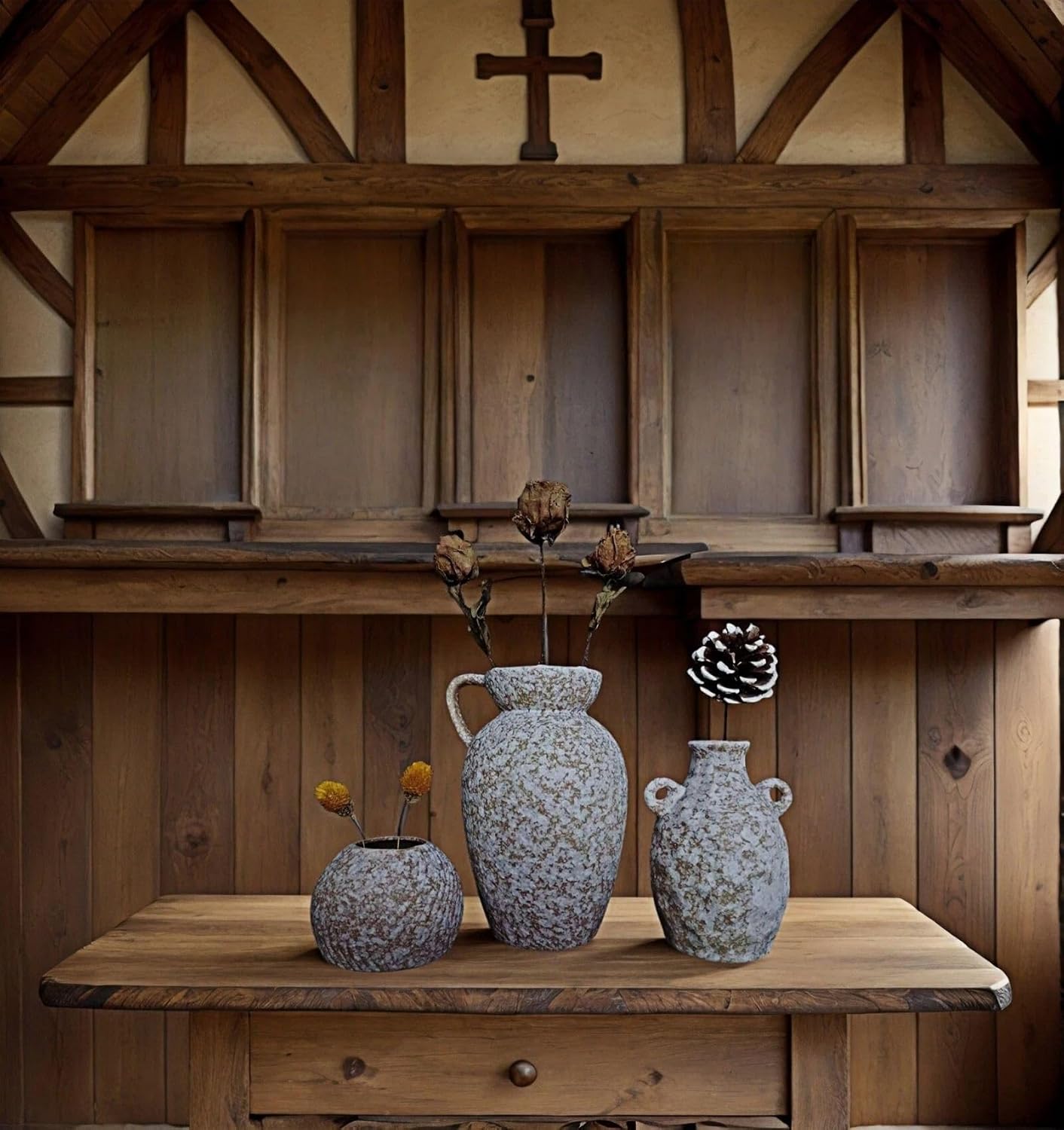 Medieval Minimalist Romantic Style Vase Set of 3，Ceramic Flower Vases Decor for Home Table Shelf Living Room Bed Room Kitchen Office Gift-Beige