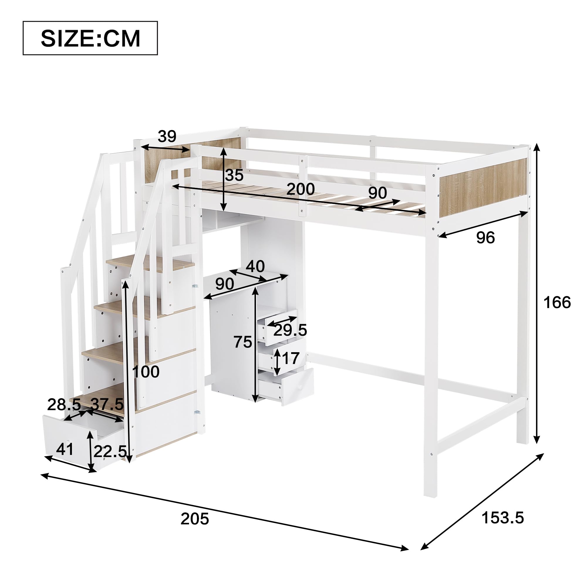 Lit Superposé 90x200 Bois de Pin Lit Tiroir avec Support à Lattes Sommier avec Compartiment de Rangement sans Matelas avec 3 Tiroirs avec Bureau Intégré avec Escalier Logement