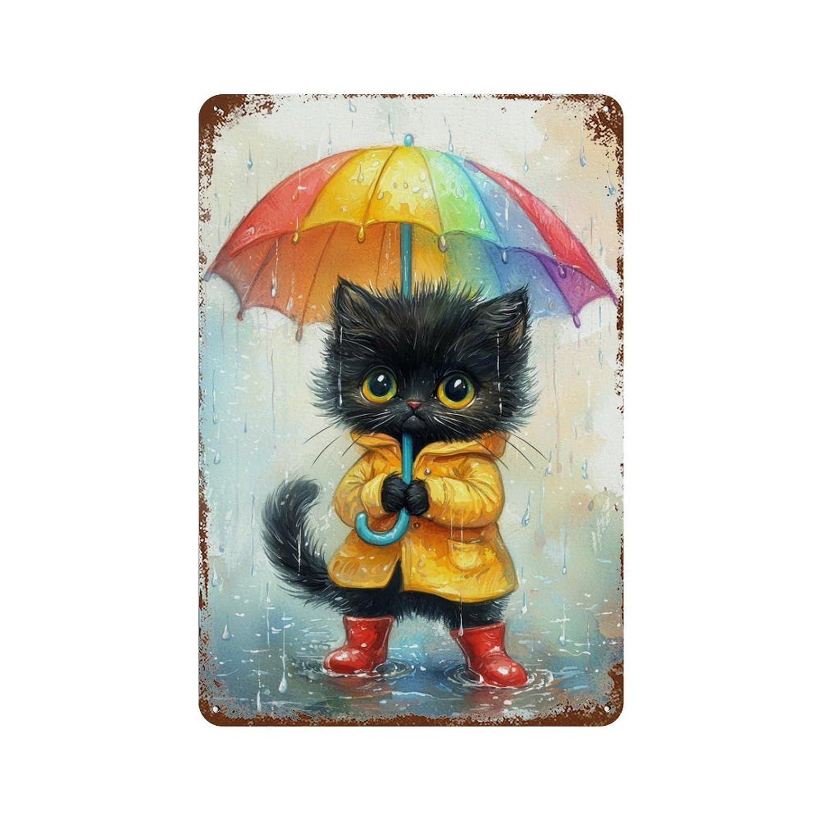 Rainy Day Kitten with Umbrella Rust Effect Tin Sign 11.8"x7.9", Industrial Home Decor for Basement, Hobby Room And Garage Decor