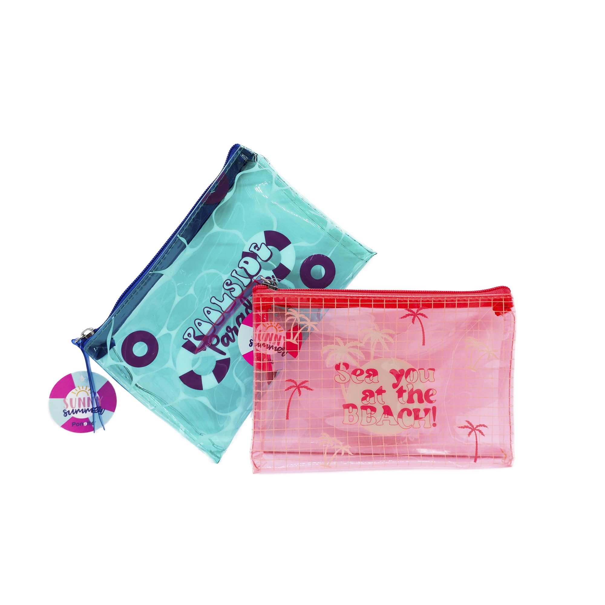 Ponette Pack de 2 Neceseres Cartera de Mujer Pequeños de Plástico Impermeable en Tonos Coral y Turquesa con Motivos de Verano, Marca Española