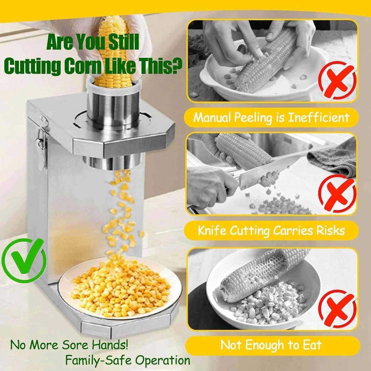 Spelafili elettrico per mais e trebbiatrice con ingresso di alimentazione da 6,5 cm, parti staccabili per una facile pulizia, separatore veloce per mais fresco e cotto in cucine e stand alimentari