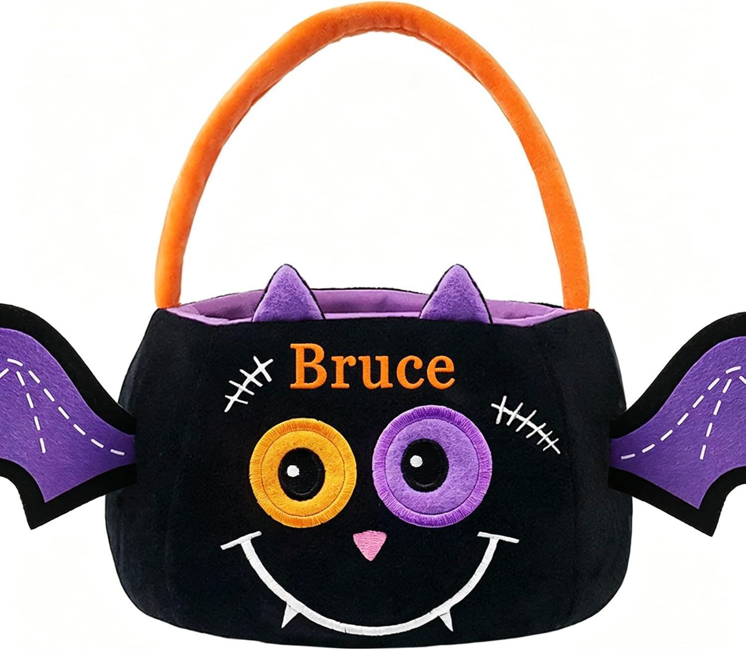 Personalized Halloween Basket Trick or Treat Bags Candy Bucket for Kids with Embroidery Name, Gift Bucket for Halloween Party Favor Supplies (Bat)