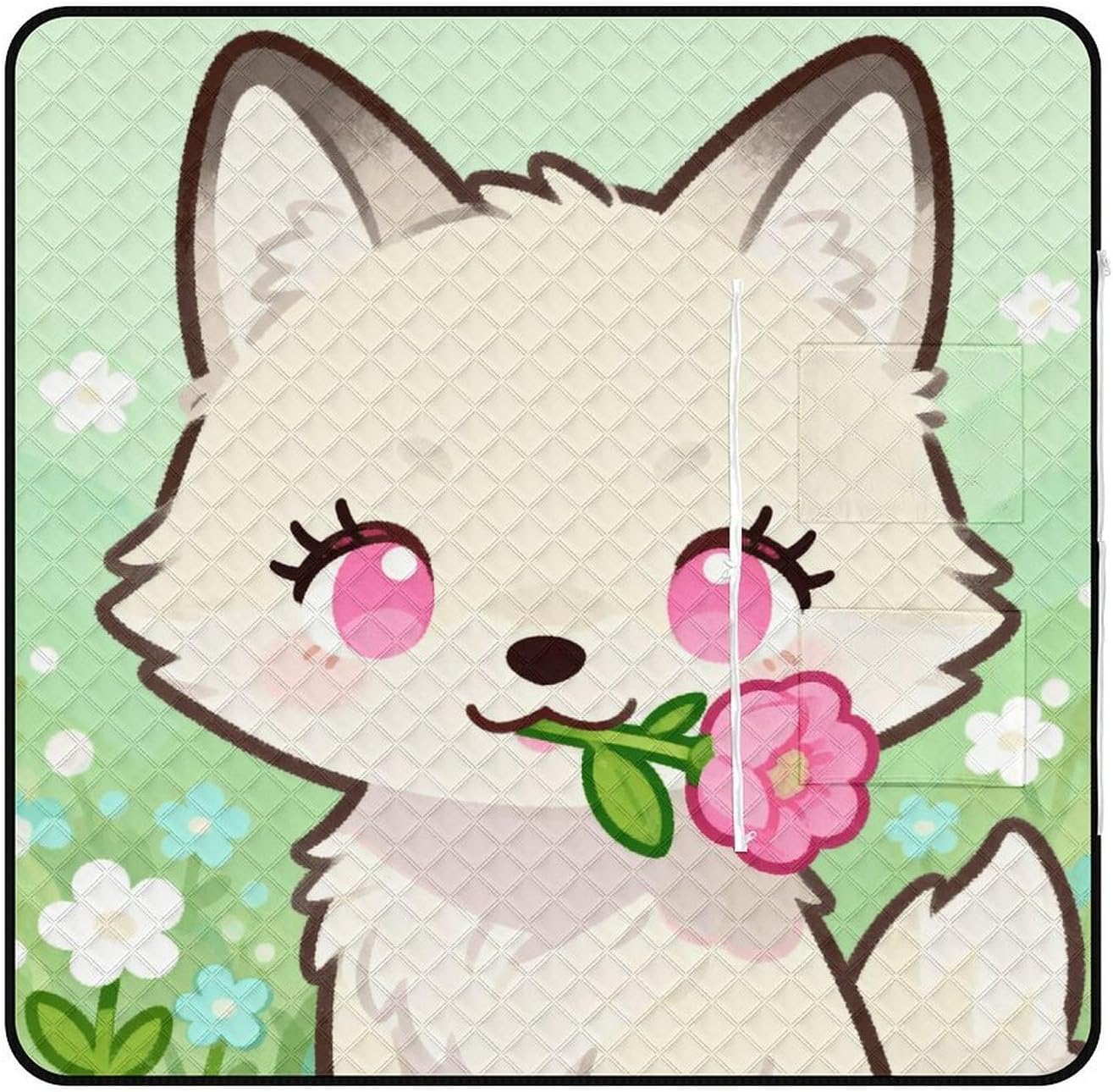 Flower and Fox Picnic Blanket with Zipper Water Resistant Sand Free Picnic Mat Washable Foldable Easy Carry Beach Blanket for Lawn Beach Hiking Camping