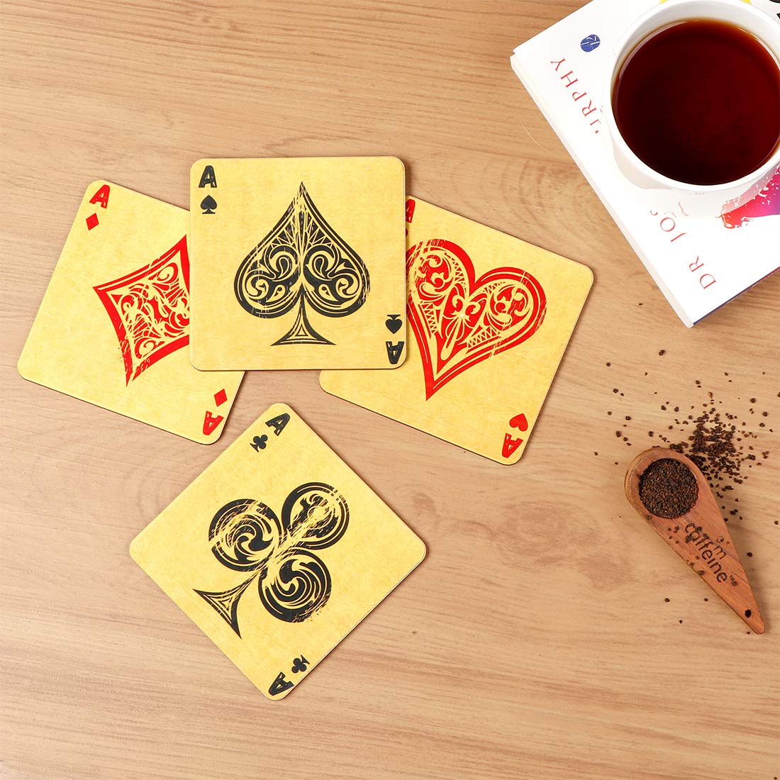 DULI Printed Poker Design Wooden Coasters for Tea Coffee (Set of 4, 4x4 Inch) (Crads)