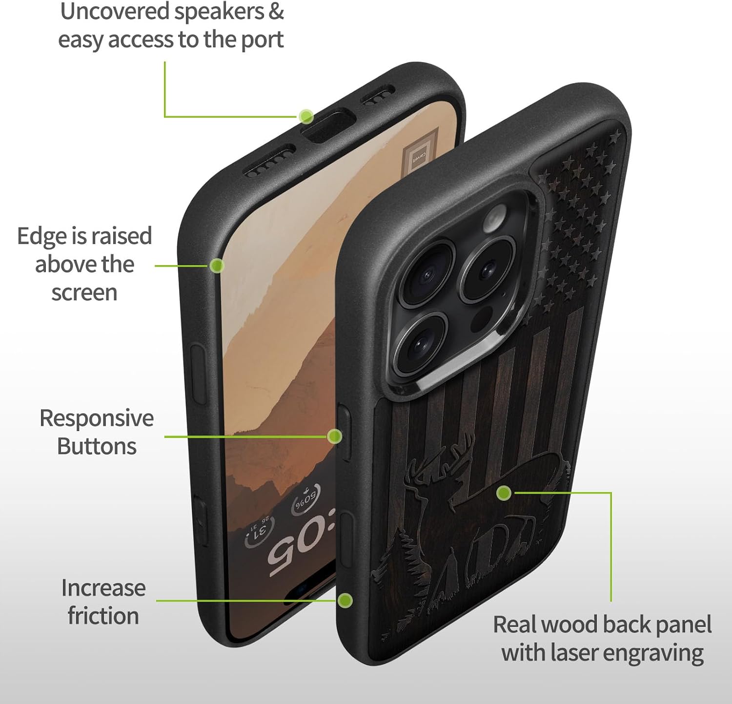 Carveit Magnetic Wooden Case for iPhone 16 Pro Max Case, Wood Artisan Engraved & Black Soft TPU Shockproof Cover, Compatible with MagSafe Wireless Chargers (Patriotic Deer Silhouette) Blackwood