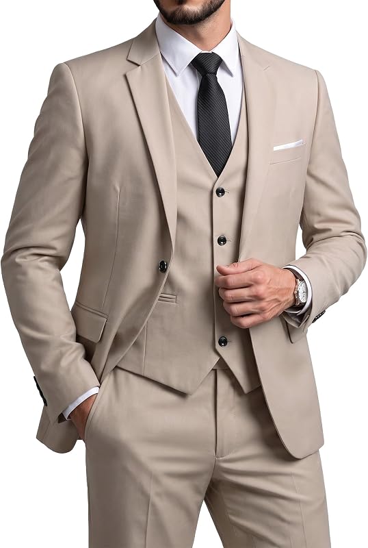 Men's Slim Fit 3 Piece Suit Set with Stretch Fabric, One Button Solid Blazer Vest Pants with Tie