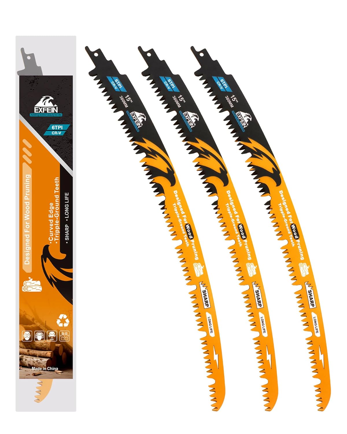 Japanese Teeth Reciprocating Saw Blades 15 Inch (380mm), Arc Edge Wood Pruning Saw Blades 6TPI for Tree Trimming, Wood Cutting, 3 Pieces