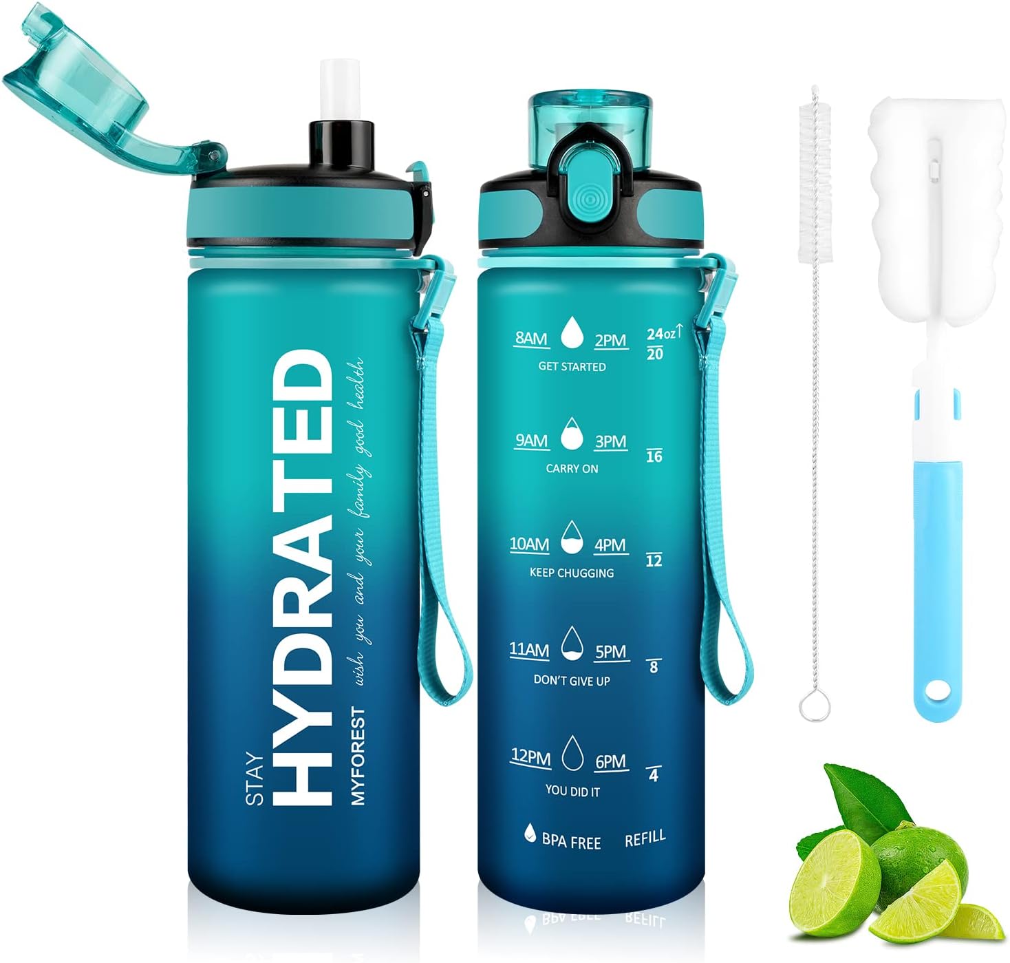 MYFORESTWater Bottle, Large Spout for Gulp/Removable Straw for Sip, Anti-Scratch Time Marker for Motivational Hydration, Drop-Resistant/BPA-free