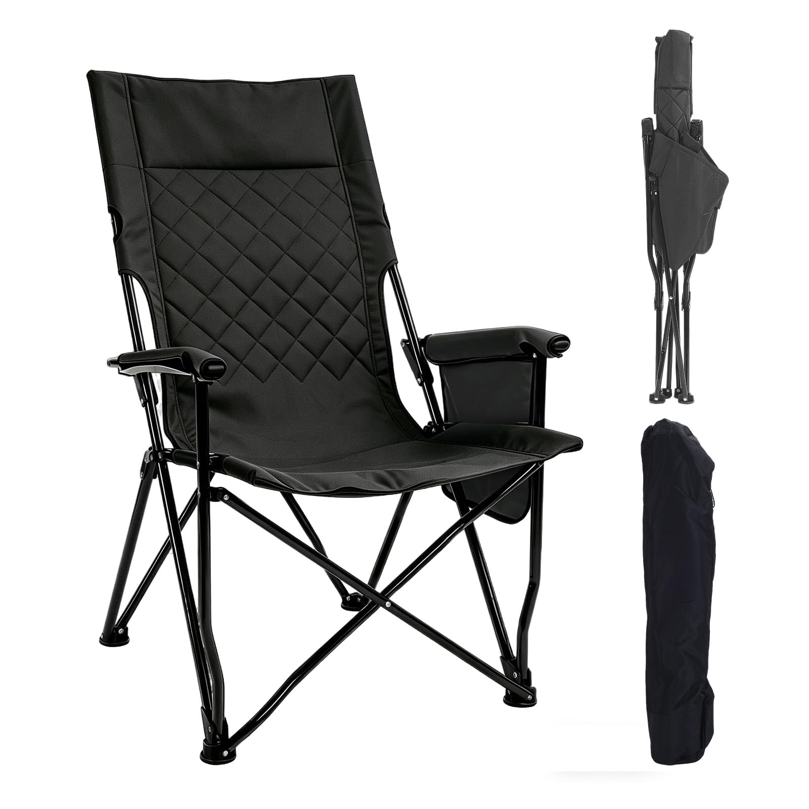 Folding Camping Chair, High Back Padded Portable Camp Chair with Storage Bag, 600D Oxford Fabric Comfortable Chair for Outdoor Camping, Beach, Fishing (Black)