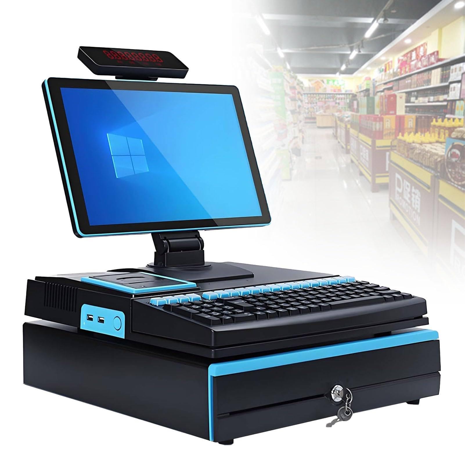 Inteligentna Kasa Fiskalna All-in-One, z Monitorem Ekranowym 15,6", Szufladą na Gotówkę, Drukarką 58mm, Skanerem Kodów Kreskowych dla Handlu Detalicznego i Gastronomii SingleScreen-Black&Blue