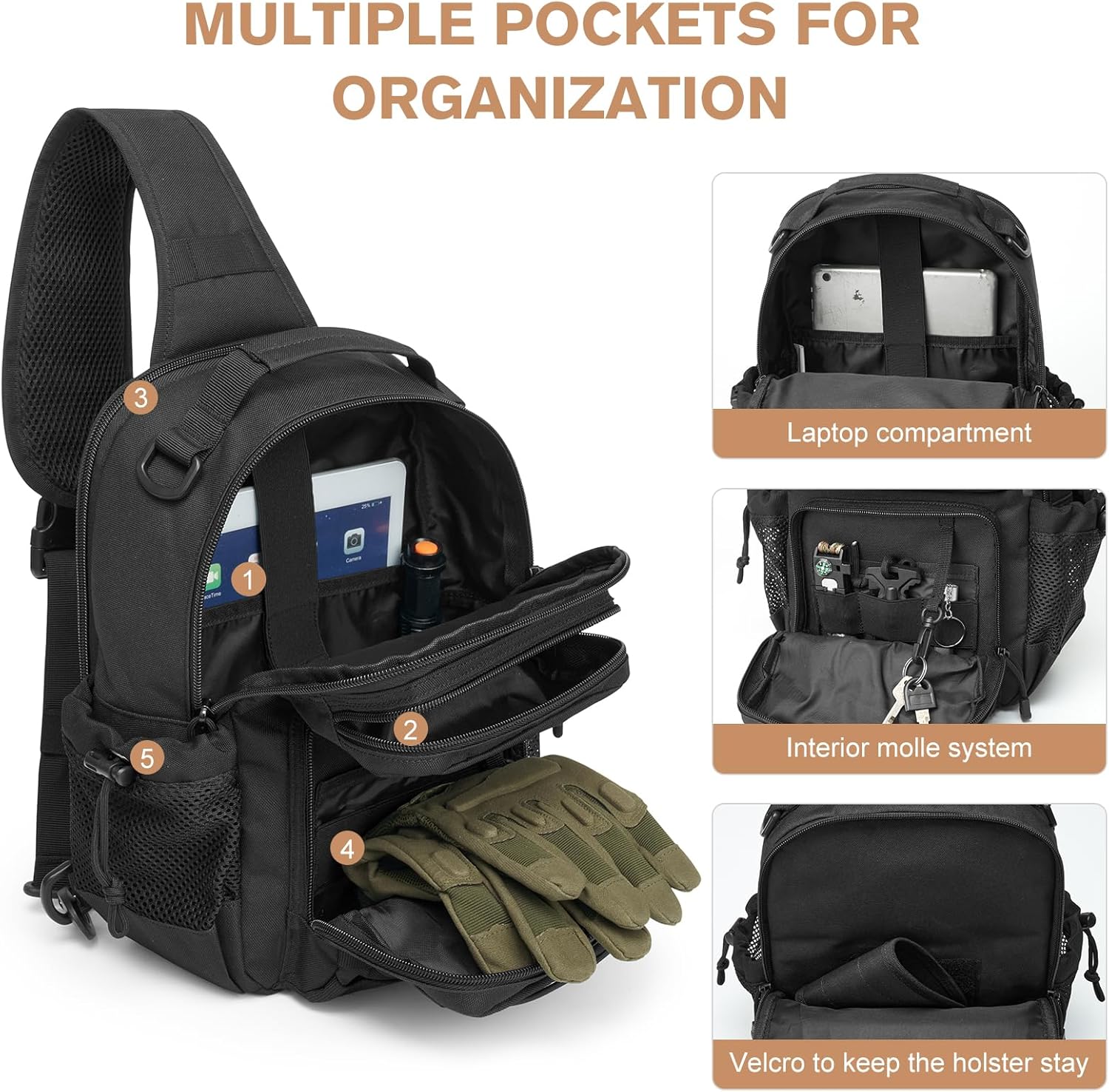 G4Free Tactical Sling Bag for Men Women EDC Concealed Carry Bag with Molle Crossbody Shoulder Pack (Black) - Image 3