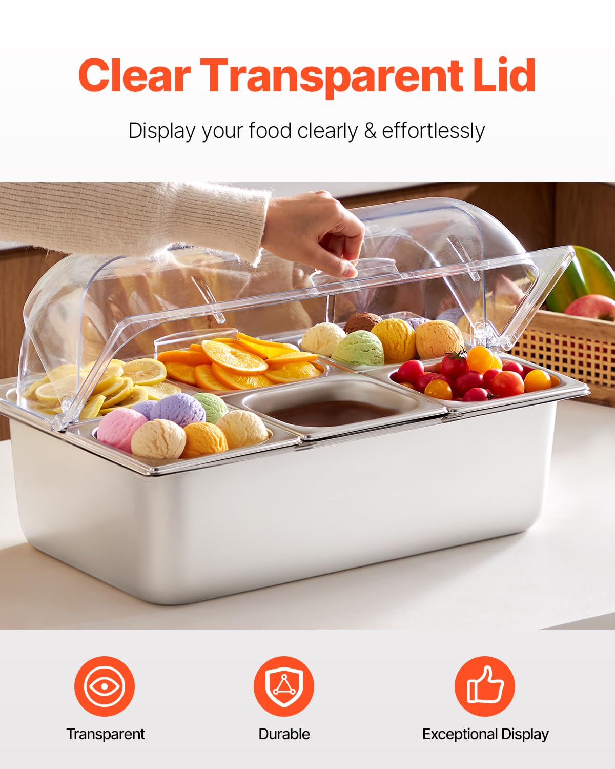 VEVOR Saladette Réfrigérée à Poser avec 6 Plateaux en Acier Inoxydable, Vitrine Réfrigérée Comptoir avec Couvercle Transparent et 3 Bacs à Glaçons, pour Buffert Restaurant Hôtel Cuisine Fête