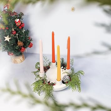 Handmade White Ceramic Candle Holder - Advent Wreath for Home Altar Decor Party Centerpieces & 6PCS White Long Taper Candles