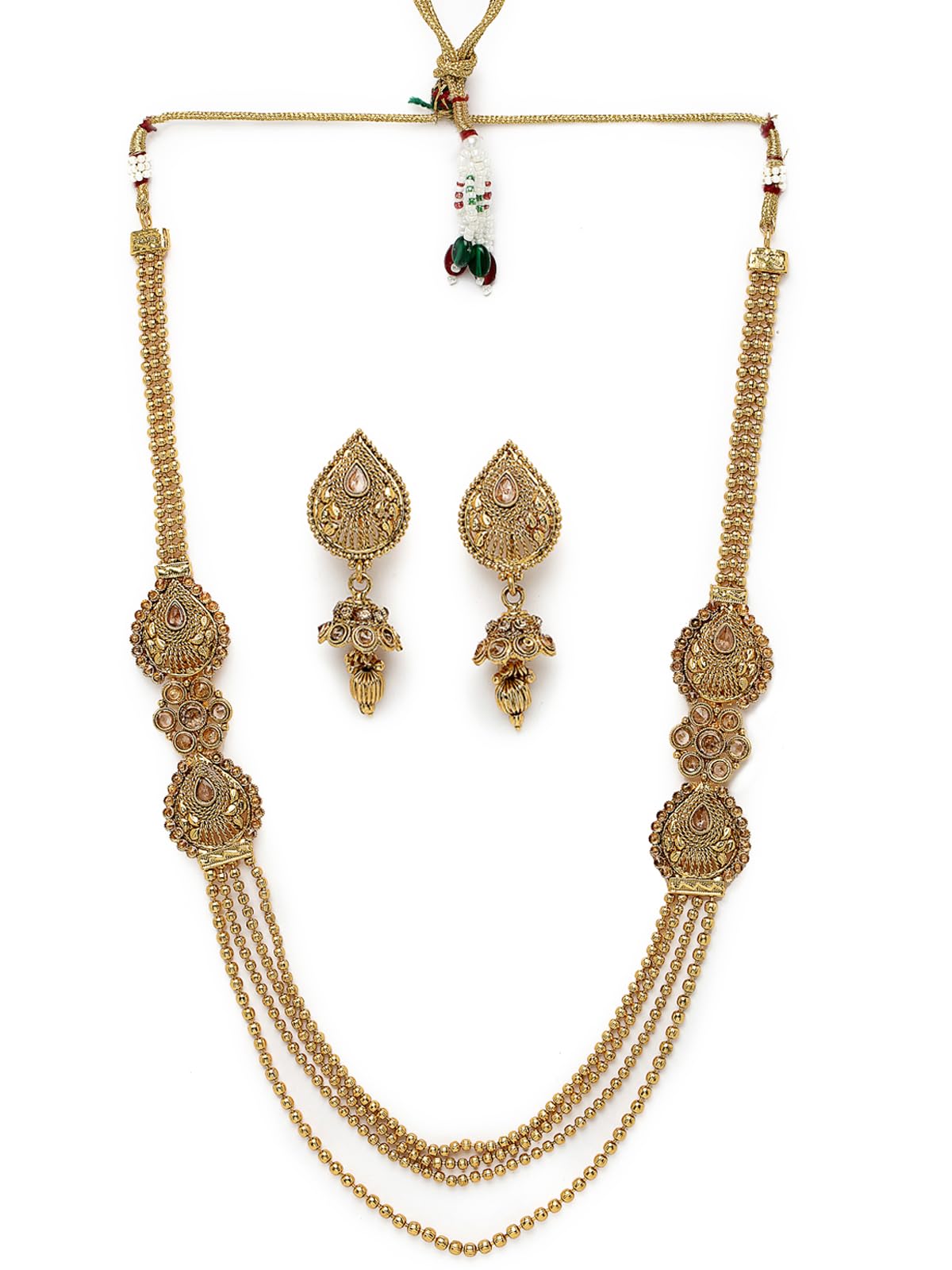 Sukkhi Intricate Gold Plated Rani Haar Long Kundan Studded Multistring Necklace Set With Jhumki Earring | Jewellery Set For Women (NS105726) (B0CBB7Q7L9) Amazon Price History, Amazon Price Tracker