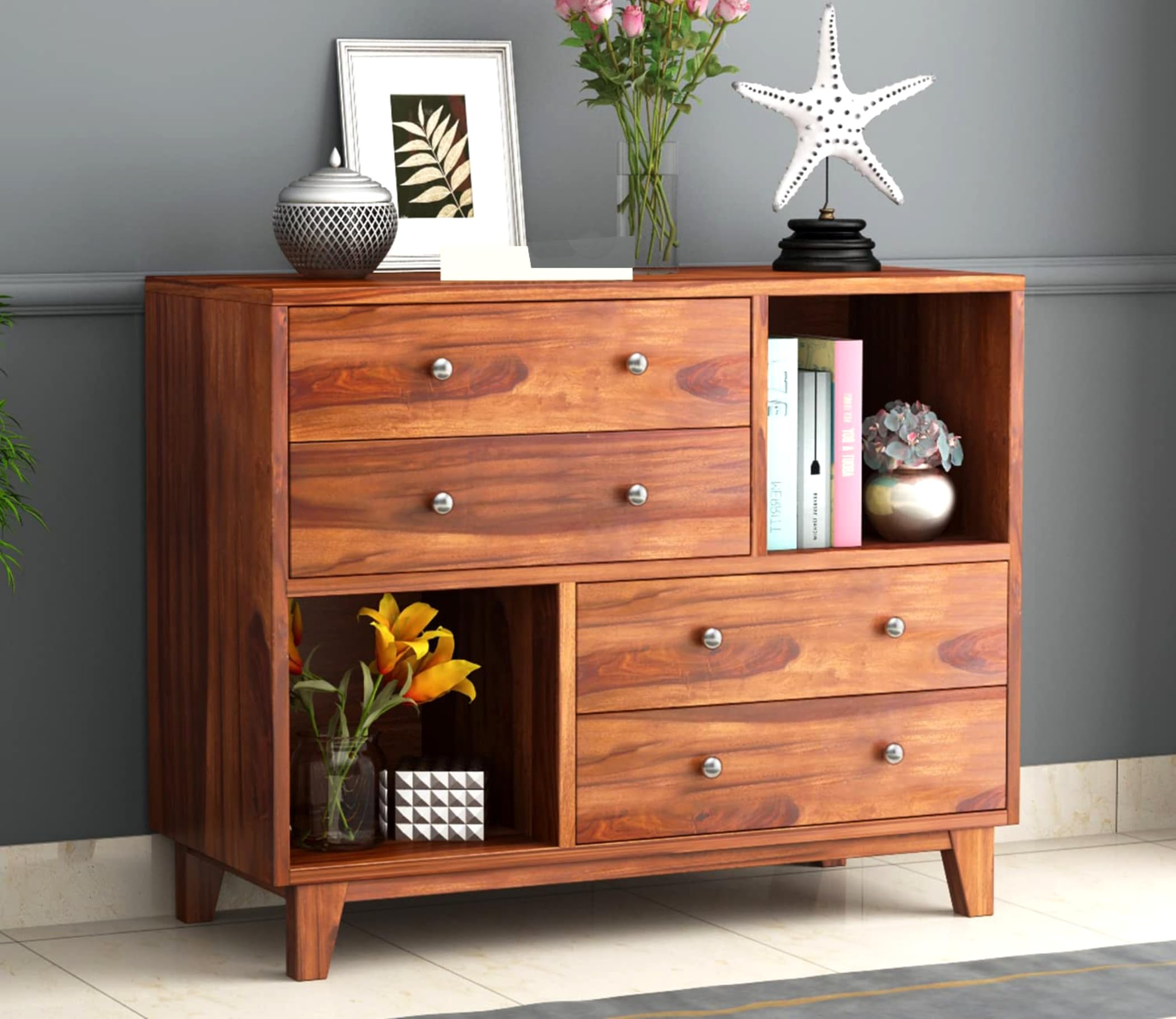 Sheesham Wooden Chest of Drawer with 4 Drawer & 2 Shelves Storage for Living Room Storage - Solid Wood Chest of Drawers Wooden Drawer Cabinet for Bedroom Home (Honey Finish)-image-46