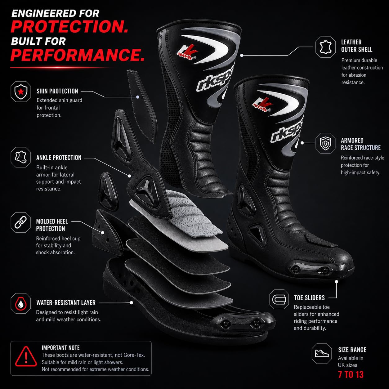 LV14 Bottes de moto en cuir blindé imperméables Noir/bleu/rouge