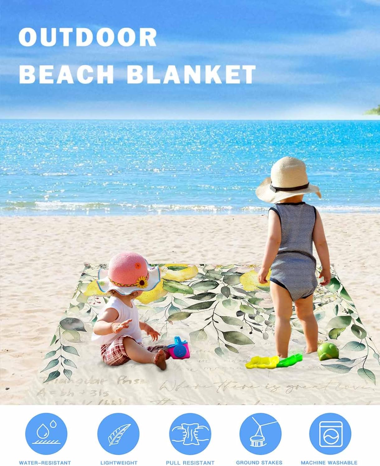 Watercolor Lemon Flower Leaves Beach Blanket Waterproof Sandproof Outdoor Picnic Mat 83"x79" Botanical Leaf on Retro Letter Lightweight Large Beach Blankets with 4 Stake & 4 Corner Pockets