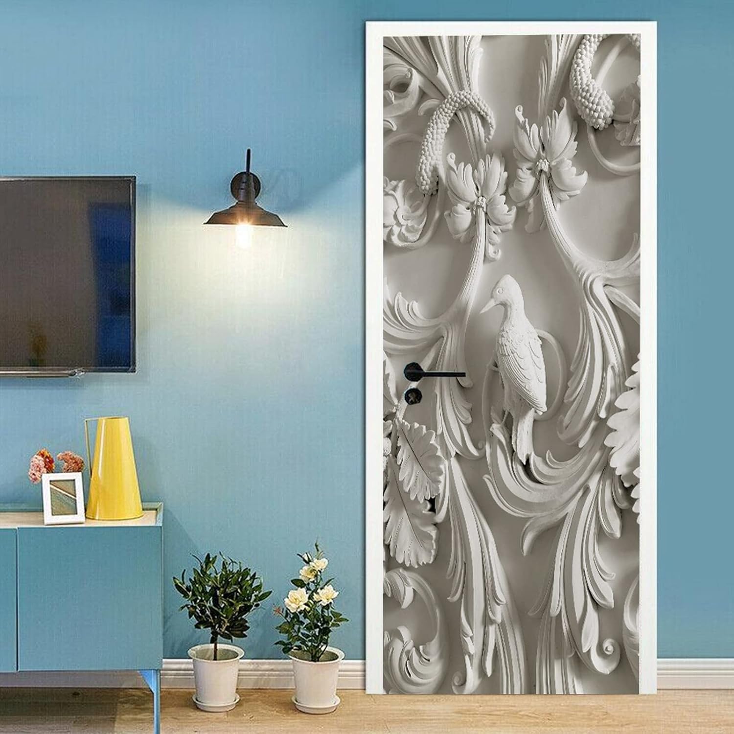 A.Monamour 3D Door Stickers for Interior Doors Plaster Ornaments on Wall Vinyl Waterproof Self Adhesive Door Mural Decals for Bedroom Office Bathroom 85 x 200 cm