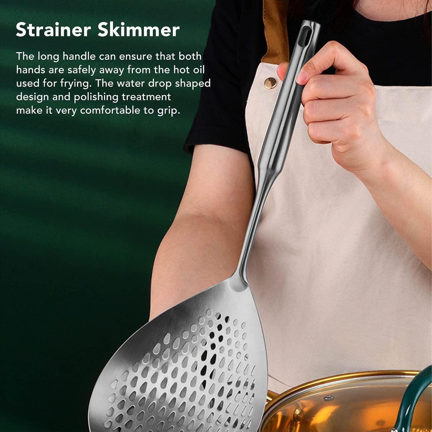 Stainless Steel Slotted Spoon, Frying Spoon Strainer with Long Handle 15.7 Inch Spider Strainer Skimmer with Hanging Holes for Cooking, Frying, Pasta Strainer, Draining