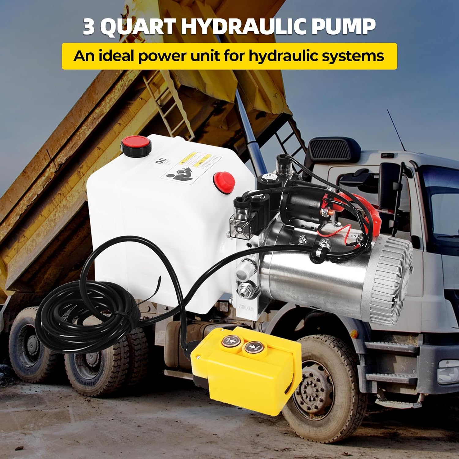 Hydraulic Power Unit 12V 3 Quart Hydraulic Pump Double Acting Sturdy Plastic Reservoir Electric Hydraulic Power Units for Dump Trailer Truck Hydraulic Lifting Systems
