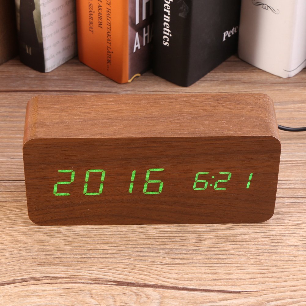 Orologio Digitale, Sveglia a LED in Legno con Temperatura, Controllo Vocale, Design Portatile, Alimentazione USB o Batteria per Ufficio Domestico (Legno marrone + luce