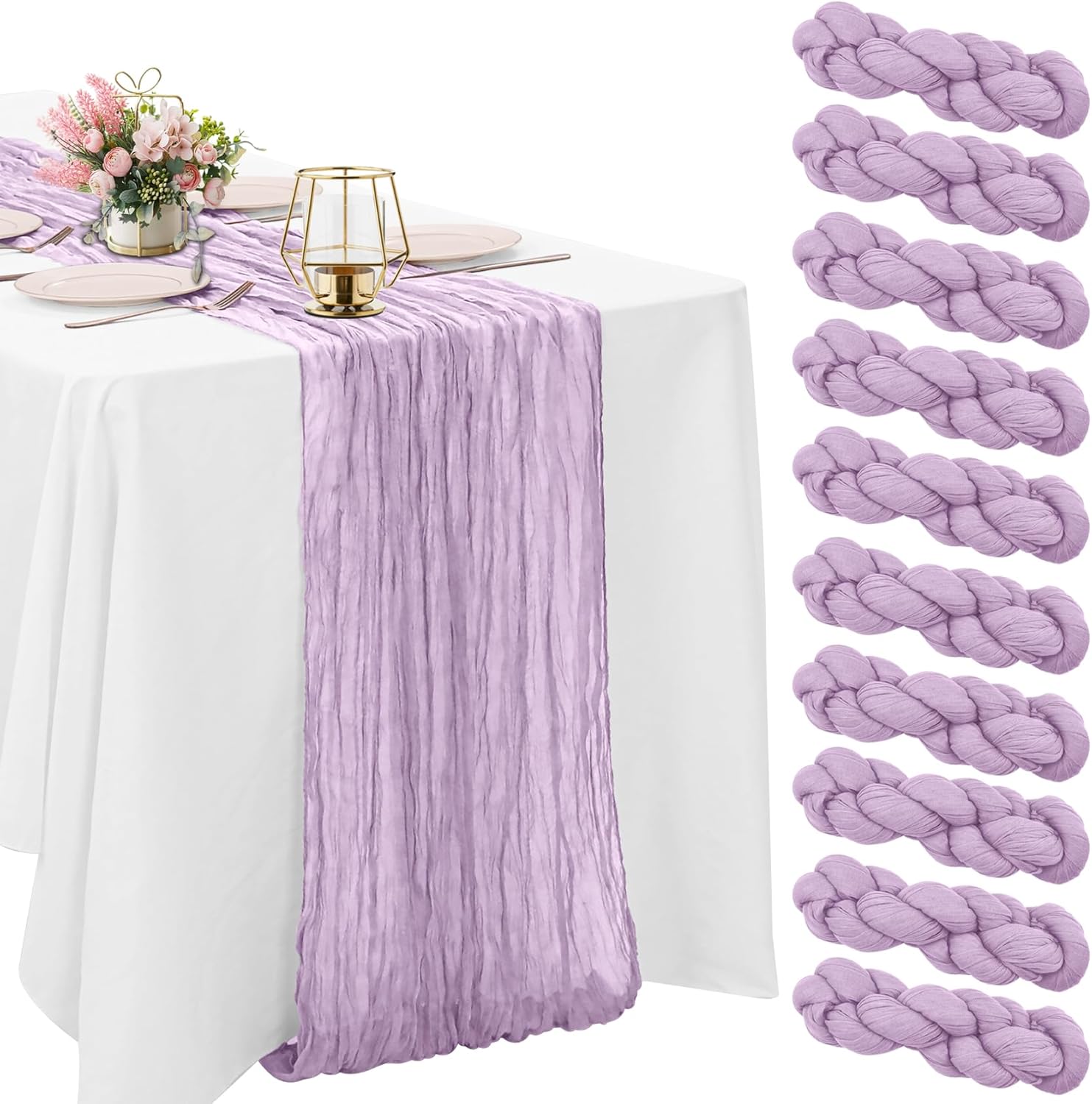 10 Pack Cheesecloth Table Runner 10FT Boho Gauze Rustic Fabric Table Runner Vintage Sheer Tablecloth for Wedding Party Bridal Baby Shower Decorations (Light Purple)