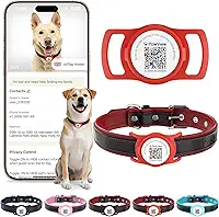 Coleira de Couro Legítimo para Cães com Capa Protetora de Silicone para AirTag, Plaquinha de Identificação, Rastreador Pet, Ajustável e Acolchoada, Cães de Pequeno Porte (Red, M)