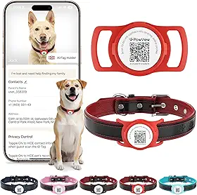Coleira de Couro Legítimo para Cães com Capa Protetora de Silicone para AirTag, Plaquinha de Identificação, Rastreador Pet, Ajustável e Acolchoada, Cães de Pequeno Porte (Red, M)
