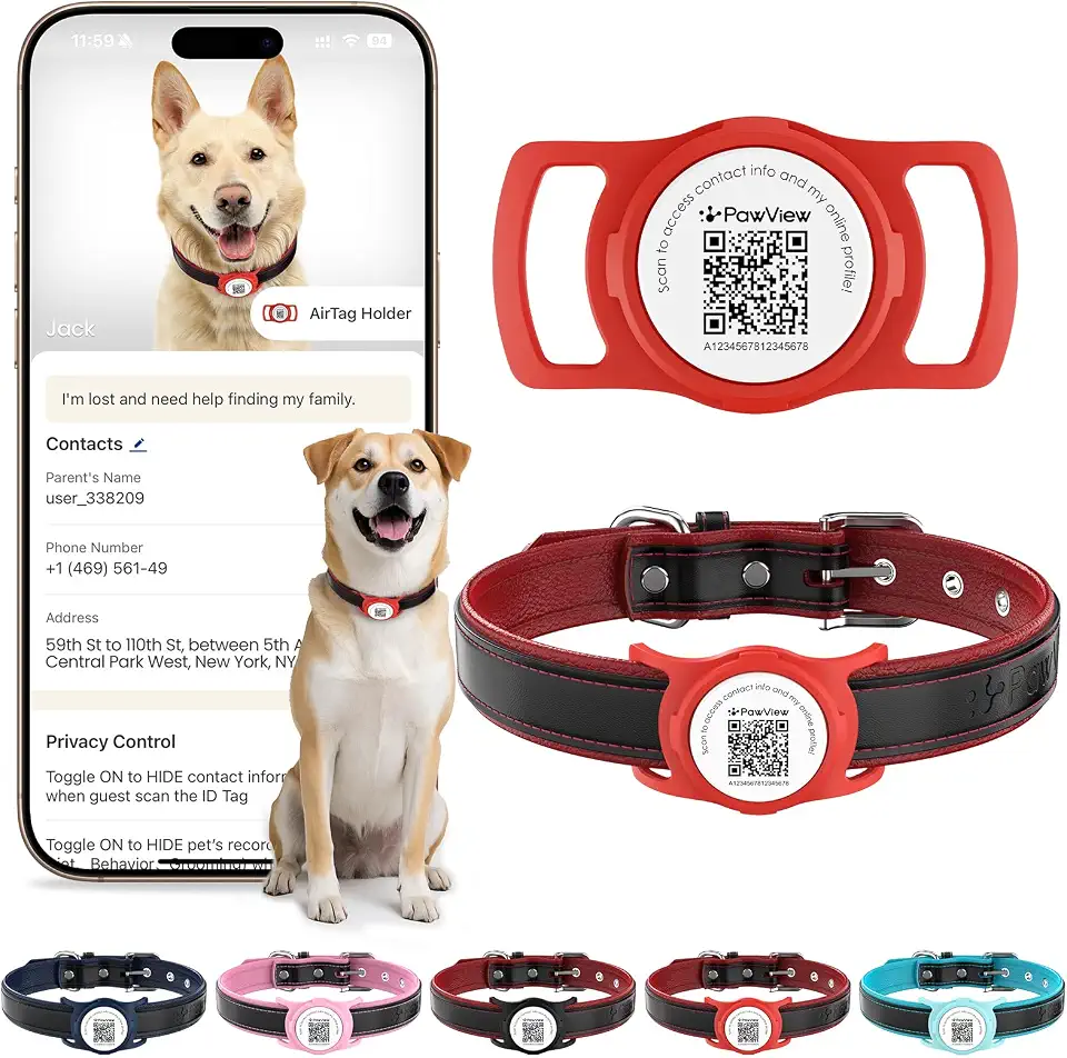 Coleira de Couro Legítimo para Cães com Capa Protetora de Silicone para AirTag, Plaquinha de Identificação, Rastreador Pet, Ajustável e Acolchoada, Cães de Pequeno Porte (Red, M)