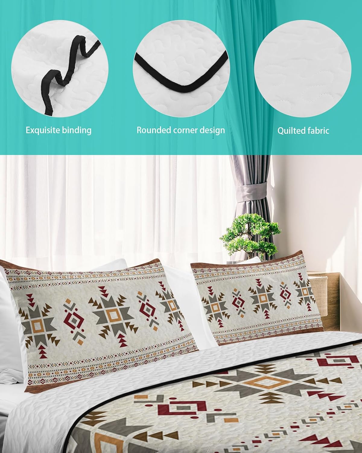 Full Size Quilt Set, Mid Century Abstract Geometric Boho Style Lightweight Bedspread Coverlet Set Summer Quilt with 2 Pillow Shams, Color Block Brown Stripes 3 Piece Comforter Bedding Set