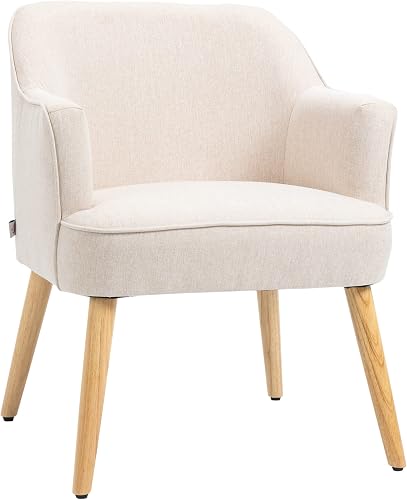 HOMCOM Butaca de Salón Moderna en Lino con Patas de Madera 120kg Crema | Sillón Lectura Tapizado, Reposabrazos Acolchado Grueso, Almohadillas Ajustables, para Dormitorio Oficina Estudio