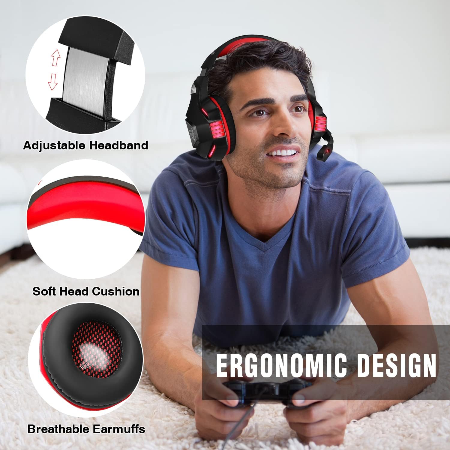 Gaming Headset for Xbox one Ps4, Gamer Headphone with Mic, Over ear Bass Stereo, Noise Reduction Microphone, LED Lights and Volume Control for PC, Nintendo Switch/3DS, Laptop, Mac, Pad, Smartphone