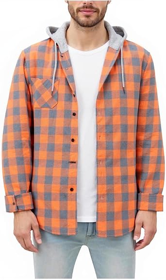 Flannel Shirt Hoodies for Men Casual Long Sleeve Button Down Plaid Shirt Jackets Stylish Hoodie with Pocket