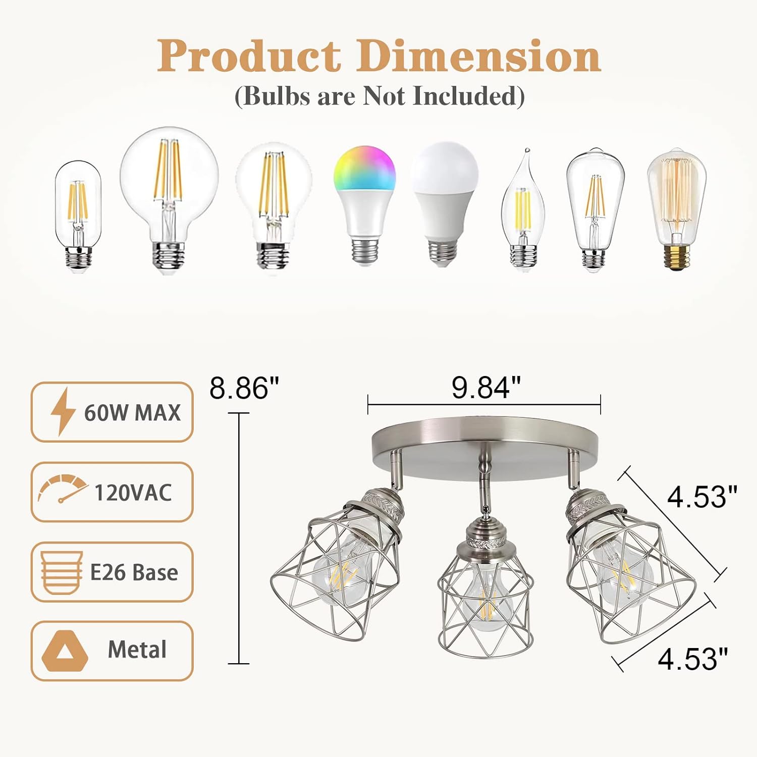 Kitchen Light Fixtures - 3-Lights Multi-Directional Ceiling Lamp with E26 Base, Adjustable Flush Mount for Farmhouse Kitchen, Hallway, Dining Room, Entryway