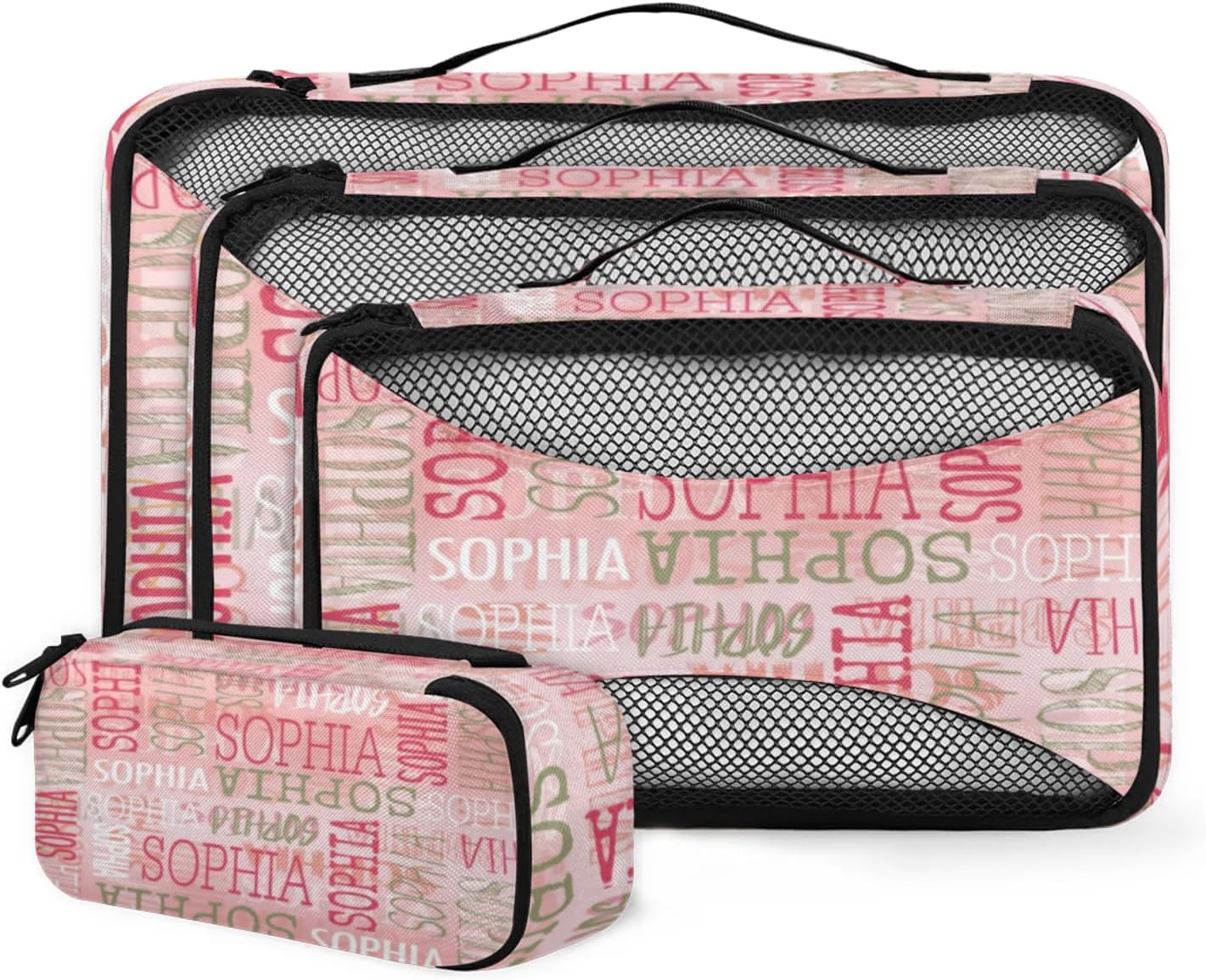 Personalized Packing Cubes Sets of 4, Custom Name Cubes Set for Women Grils, Travel Luggage Packing Organizers for Suitcases, Dark Pink
