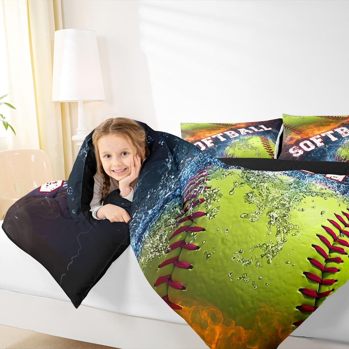 Castle Fairy 3D Softball Comforter for Youth Adults,Ice and Fire Bedding Sets Queen Size,Boys Gamer Quilt/Duvet Insert 3 Pcs,Ball Sports Gaming Comforter Sets Microfiber for All Season