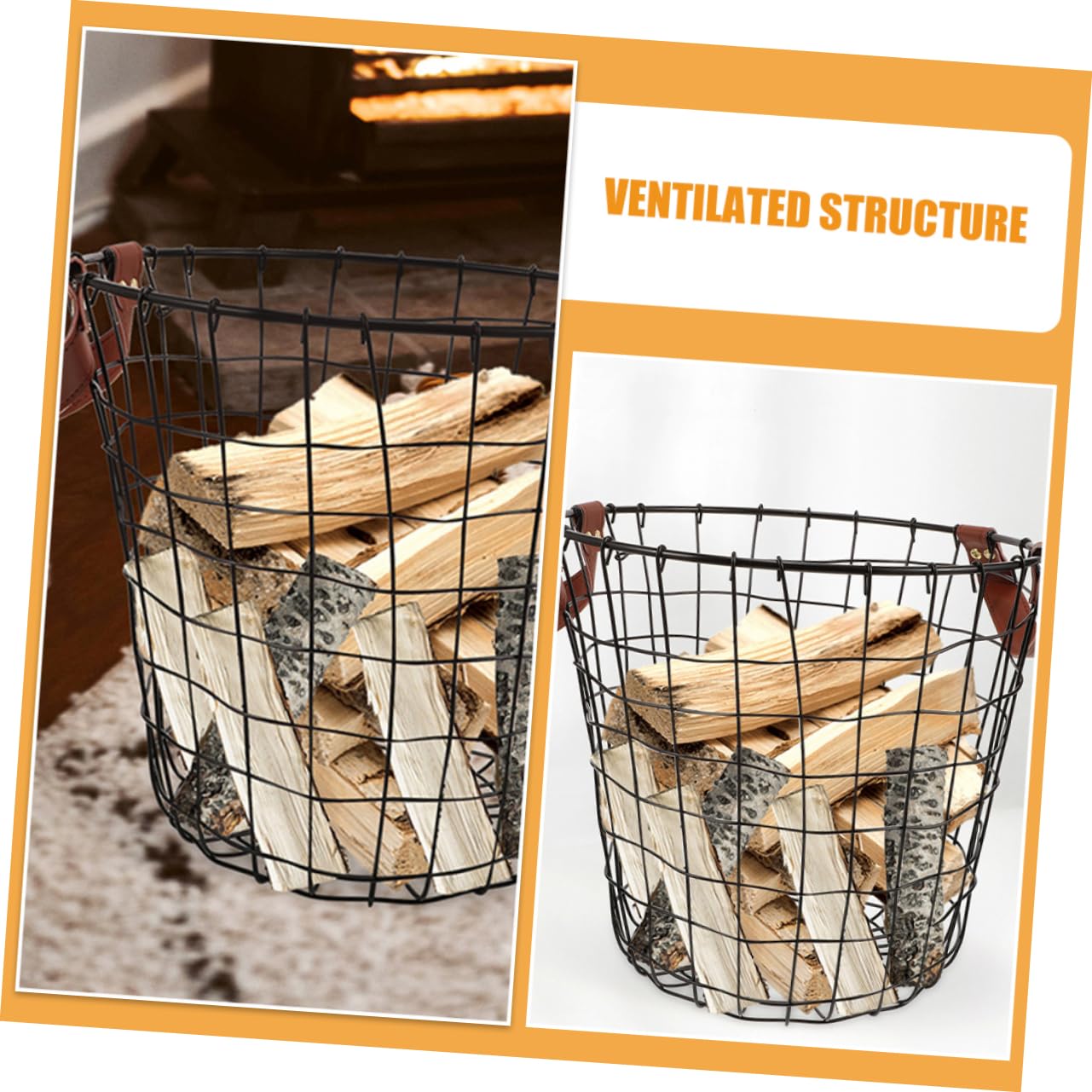 Cesta Metálica Grande Redonda De Hierro Resistente Con Ventilación Para Leña Uso Interior y Exterior Almacenamiento Multifuncional Rústico