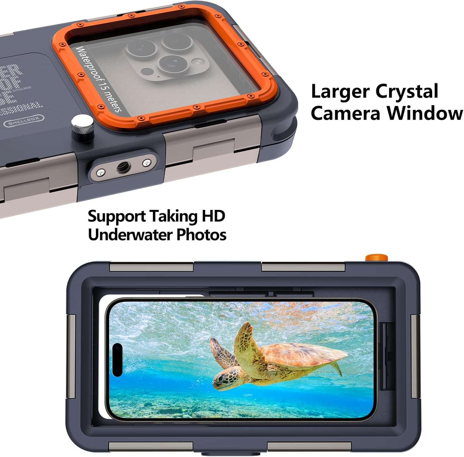 ShellBox Case New Waterproof Underwater Case for iPhone 17/16/15/14/13/12/11/Pro Max/Pro/Plus/LG G8X Series(Volume Button on Left),[50FT/15M] Professional Scuba Diving Cases, Blue-Orange