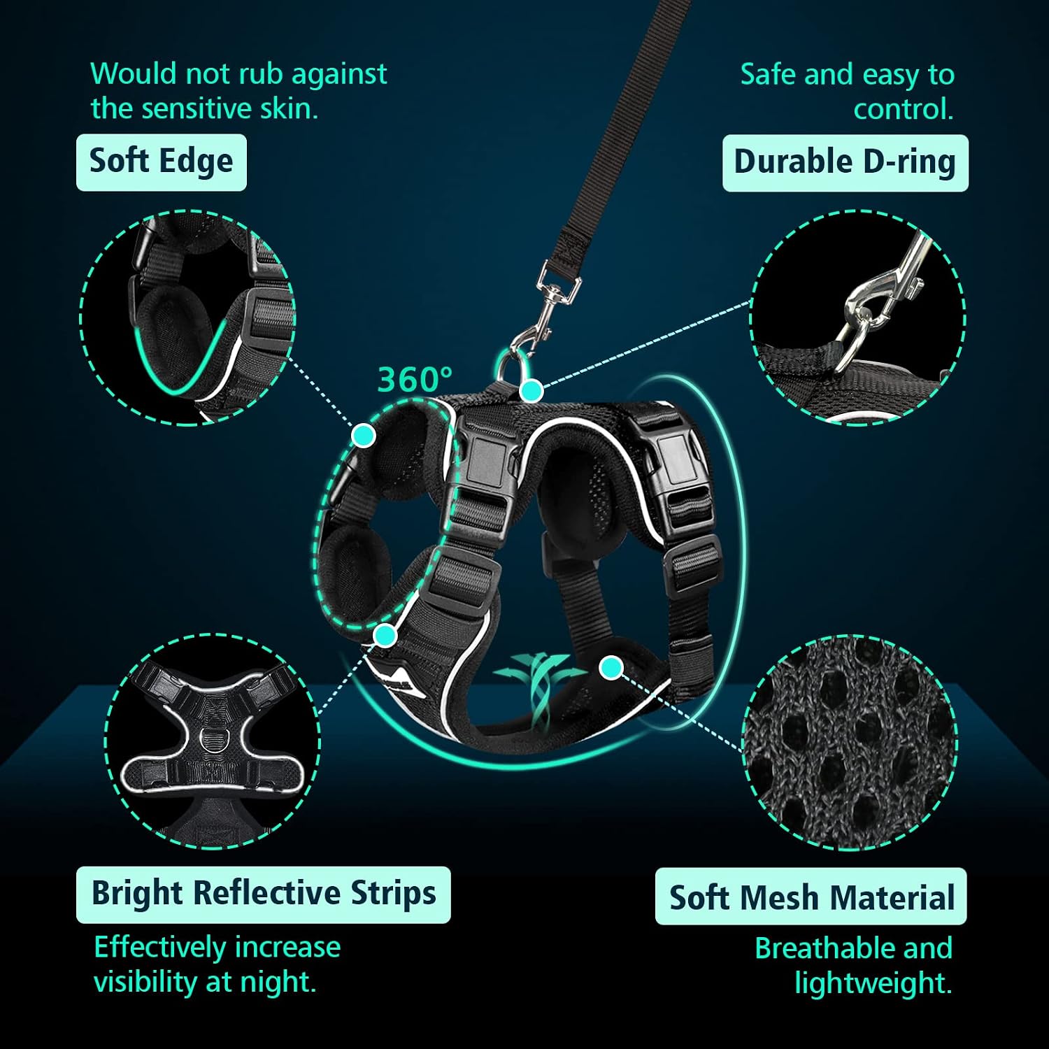 WINSEE Small Dog Harness and Leash with 4 Buckles for Big Cat,Escape Proof Breathable Cat Harness for Walking, Soft Adjustable No Pull Vest Harnesses for Cats/Small Dogs