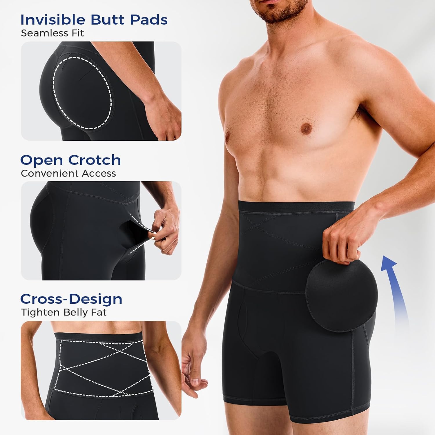 Mens Padded Underwear Butt Lifter Boxer Briefs Tummy Control Shapewear with Removable Butt Enhancing Pads