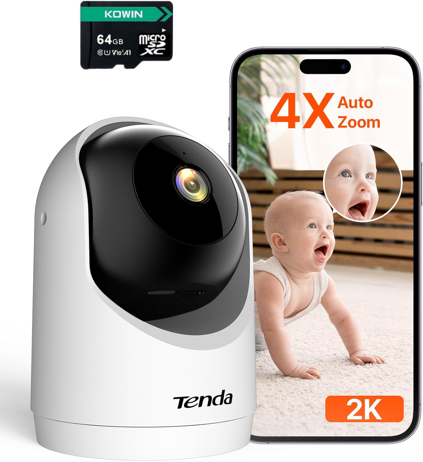 Tenda 2K Indoor Security Camera for Baby Monitor, 360°Pet/Dog Camera for Home Security, 2-Way Audio, Motion Detection, Night Vision, 24/7 Cloud & SD Card Storage (CP3-V3.0 with 64GB SD Card)